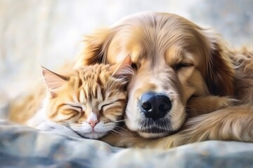 Sleeping dog and cat on bed sleeping together. Generative AI