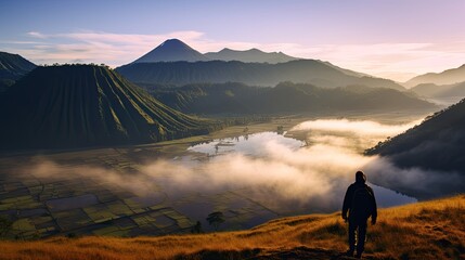a man standing looking at bromo mountain, indonesia. - obrazy, fototapety, plakaty