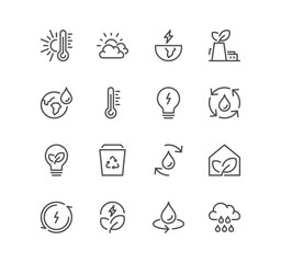 Set of eco related icons, global warming, recycling, sustainability, energy saving, climate change, air pollution and linear variety vectors.