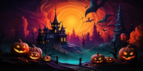 A Halloween Scene With Pumpkins And A Castle. Pumpkins, Castle, Halloween, Nighttime, Mystery, Decorations. Generative AI