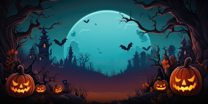 A Halloween Scene With Pumpkins And Bats. Pumpkins, Bats, Halloween, Costumes, Candles, Decorations. Generative AI