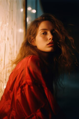 Fototapeta premium portrait of a woman/model/book character in an illuminated urban setting at night with lights in a fashion/beauty editorial magazine style film photography look - generative ai art