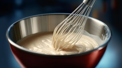 Fototapeta na wymiar A whisk with pancake batter in a bowl. AI generated