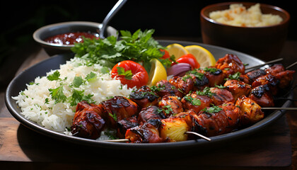 Fototapeta premium Grilled kebab with rise and fresh salad 