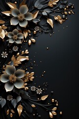 A Black Background With Gold Flowers And Leaves. Black Backgrounds, Gold Flowers, Gold Leaves, Color Combos, Wallpaper Design, Home Decor, Greeting Сard. Generative AI