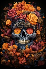 A Painting Of A Skull With Flowers On It. Skulls, Flowers, Painting, Art, Symbolism, Fascination, Halloween Template. Generative AI