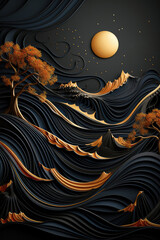 Black, Stylish New Year Template With Shiny Color Gold Wave. Generative AI