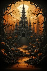 A Halloween Scene With A Castle In The Background. Haunted Castle, Creatures Of The Night, Magical Costumes, Castle Spells, Mysterious Shadows, Greeting Сard, Halloween Template. Generative AI