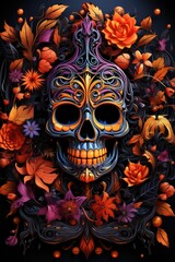 A Colorful Skull With Flowers Around It. Skull Decorating, Color Theory, Floral Arrangement, Art And Symbolism, Paint Application Techniques, Dcor Trends, Halloween Template. Generative AI