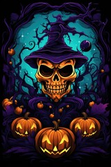 A Skull With A Witches Hat And Pumpkins. Skulls, Witches Hats, Pumpkins, Halloween, Witchcraft, Occult, Halloween Template. Generative AI