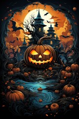 A Halloween Scene With Pumpkins And A Castle. Pumpkins, Castle, Halloween, Scary Decorations, Costumes, Haunted Houses, Halloween Template. Generative AI
