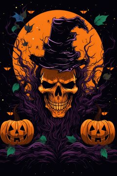 A Skull Wearing A Witches Hat With Two Pumpkins. Skull, Witches Hat, Pumpkins, Halloween, Costume, Decorations, Halloween Template. Generative AI