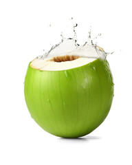 Coconut water splashing out of a fresh green coconut isolated on transparent or white background, png