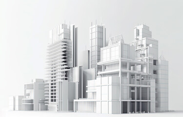 White detailed 3d layout of modern financial buildings on white background, created with Generative AI