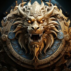 Fototapeta na wymiar Dragon head with golden ornament on black background. Gold Dragon head in a circle on a black background. Symbol of power and force. High resolution AI generated illustration.