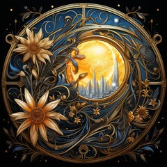 Sunset over the sea with sunflowers and waves. Vector illustration. Illustration with sunflowers on a background of the night sky.   Astrology composition, digital artwork for creative graphic design.