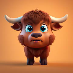 Cute Bison, 3d cartoon, big eyes, friendly, solid background, minimalistic
