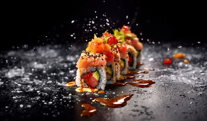 Fototapeta na wymiar Sushi. Sushi Close-Up shot. Sushi with salmon. 