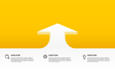 Business presentation white arrows and 3 options yellow background template. Vector illustration.