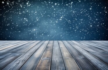 Winter background with snowfall and wooden flooring