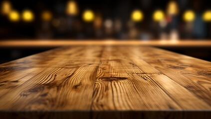 Bar wooden table with blurred beverages and lights on backdrop, generative ai