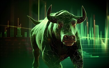 Green Holographic abstract background of 3D bull with up trend of graph