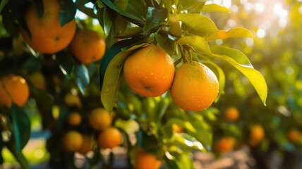 Fresh oranges on a tree, Freshly grown oranges on a farm, AI generated