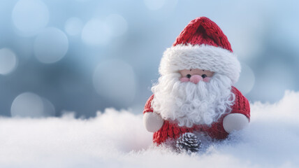 Adorable woolen Santa Claus on snowy winter background