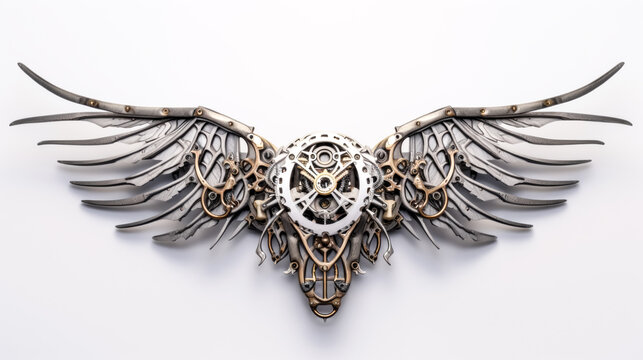 He gazes up to the angelic wings on a clear white background.