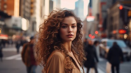 Fototapeta premium A beautiful woman portrait, city street with new york city as background. Generative AI.