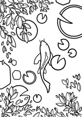 A Koi carp swimming in the a pink lake or pink river with turquoise blue waterlilies, wooden logs and red leaves  - Illustration for kids books, coloring book, gift card - Kawaii style