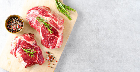 Raw Beef Organic Meat, Light Grey Background, Beef Steak