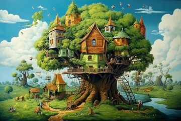 House on the green bush tree. Children dream. Illustration.