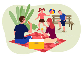 Clip art of happy family on picnic, simple flat vector illustration