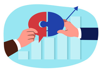 Business concept of two hands put together a puzzle that forms a bubble text with increasing graph chart on the background, merger, communication concept, vector illustration