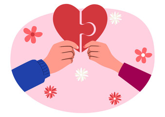 Clip art of a man and woman hand holding each part of puzzle heart symbol, vector illustration