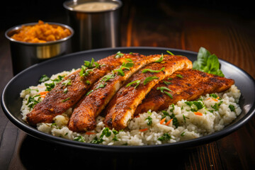Blackened Redfish, seasoned redfish fillets seared with a blend of spices until blackened and served with a side of creamy Cajun-style sauce, accompanied by rice and vegetables