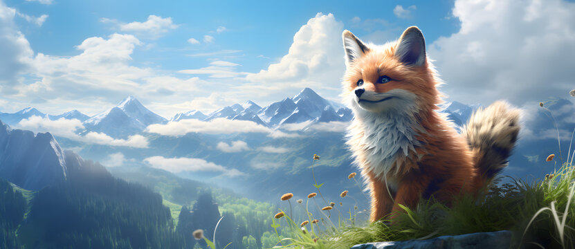 an animated image of a fox standing in the mountains Generated by AI