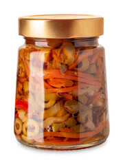 Vegetables cut in oil for rice and pasta salads in glass jar isolated