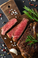 Cooked Beef Steak, Beef Organic Meat, Dark Black Background