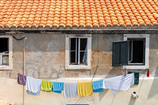 Bath towels drying on clothesline in Dubrovnik Croatia