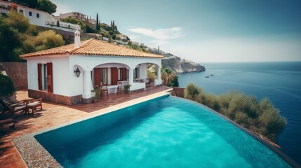 Fototapeta na wymiar Traditional Mediterranean white house with pool and stunning sea view generative ai
