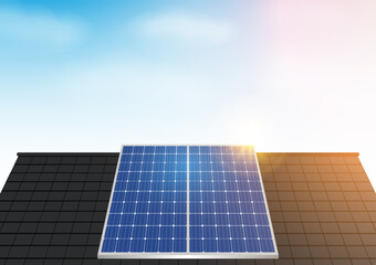 Obraz premium House With Solar Panel on Roof with Wind Turbine. Solar Energy and Renewable Energy Sources. Clean and Green Energy. Vector Illustration. 