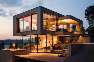 Cubic glass house with wooden elements in the evening.