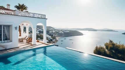 Fototapeta na wymiar Traditional Mediterranean white house with pool and stunning sea view generative ai