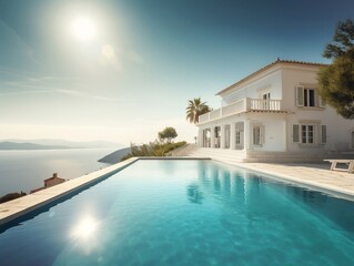Fototapeta premium Traditional Mediterranean white house with pool and stunning sea view generative ai