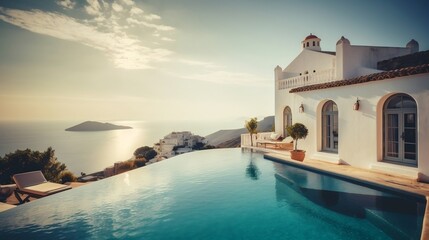 Traditional Mediterranean white house with pool and stunning sea view generative ai