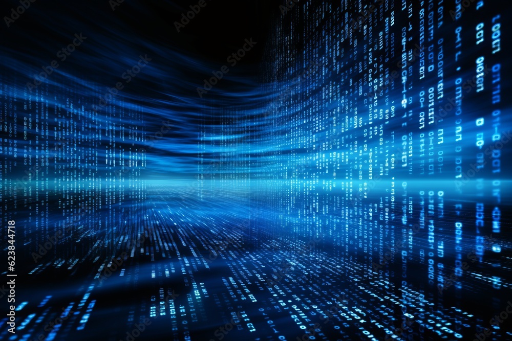 Poster Blue digital binary data on computer screen background