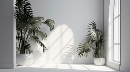 Interior of a white room with sunlight and tropical plants