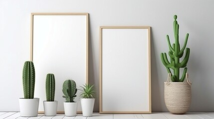 Vertical wooden frame mock up with cactuses and flower compositions